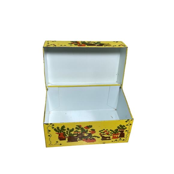 Vintage Bright Yellow Pixelated Floral Metal Recipe Box - Syndicate MFG Co - 60s - Picture 2 of 7